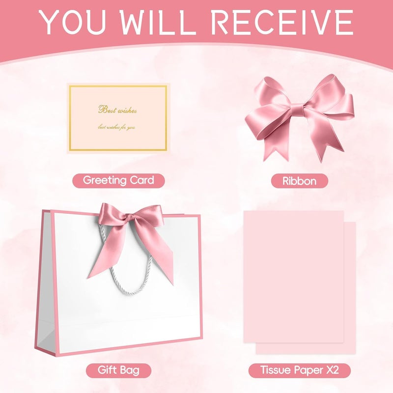 JMANNI 1PCS Large Gift Bag with Ribbon and 1 Greeting Card 2 Tissue Papers, Portable Paper Gift Bag with Handles, Birthday Present Bags for Wedding Party,Mothers Day12.6" x 9.8" x 3.9"(White-Pink - Image 3